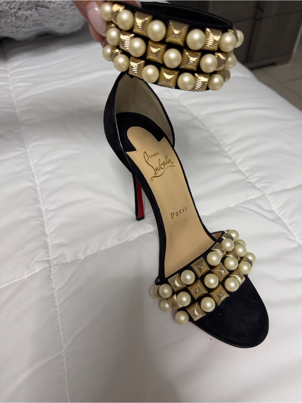 Christian Louboutin Black Suede Pearl & Gold-Stud Ankle Strap Sandals